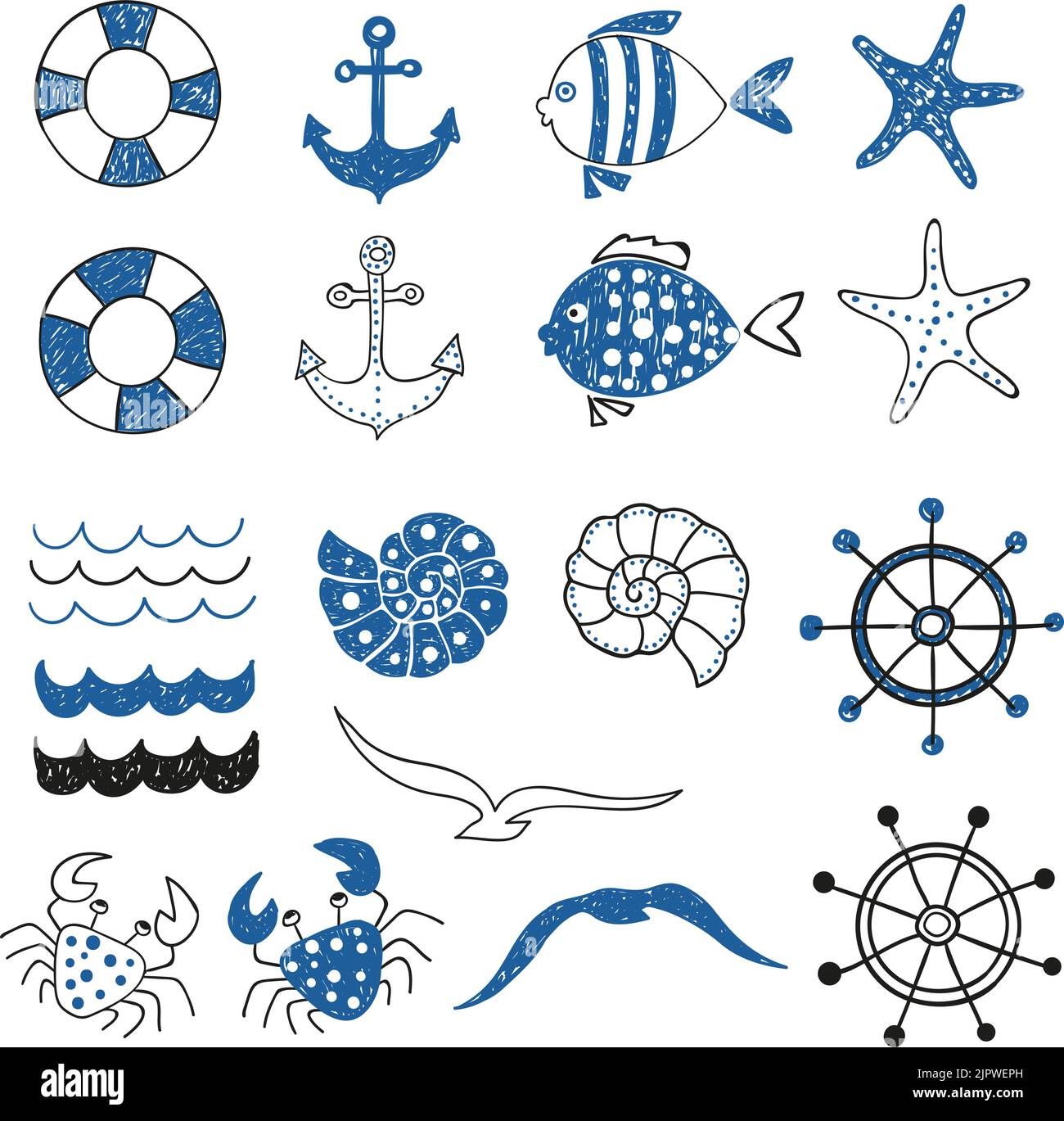 Set mare. Collezione di simboli marini. Illustrazione vettoriale disegnata a mano Illustrazione Vettoriale