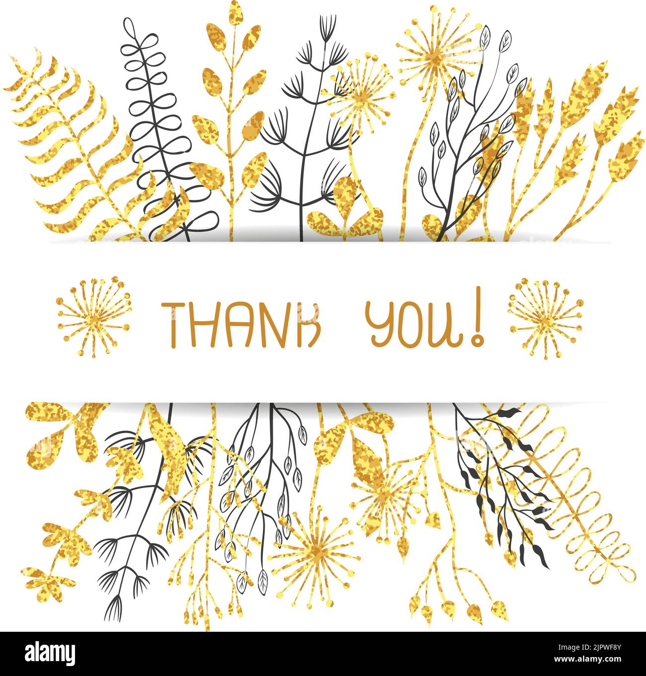 Grazie disegno di scheda floreale. Fiori dorati scintillanti e rami isolati su bianco. Adatto per biglietti di compleanno, inviti a matrimoni Illustrazione Vettoriale