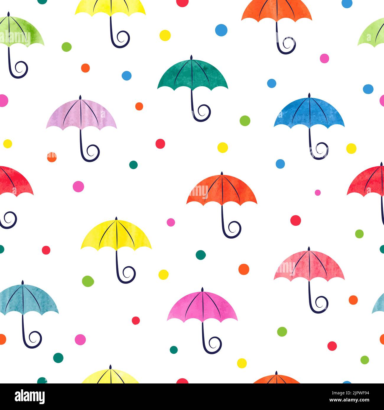 Ombrelli acquerelli modello senza cuciture. Illustrazione vettoriale colorata, adatta per sfondi, pagine Web, tessuti per bambini Illustrazione Vettoriale