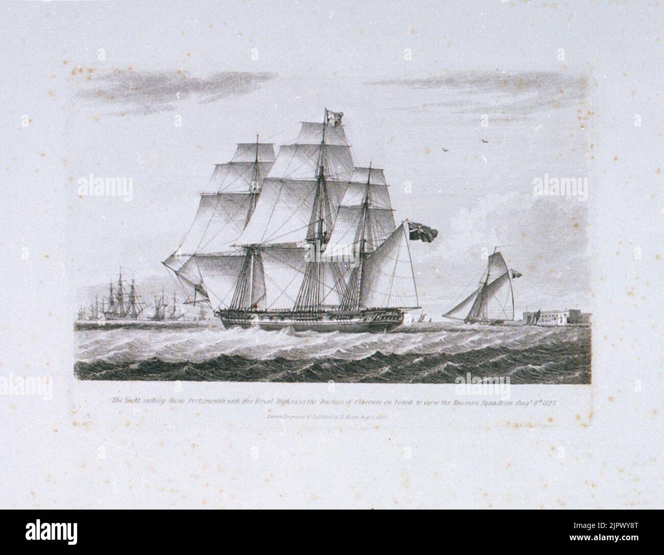 Lo Yacht ('Sovrano reale') navigando da Portsmouth con sua altezza reale la Duchessa di Clarence a bordo per vedere il Squadrone Russo. Agosto 8th 1827 Foto Stock