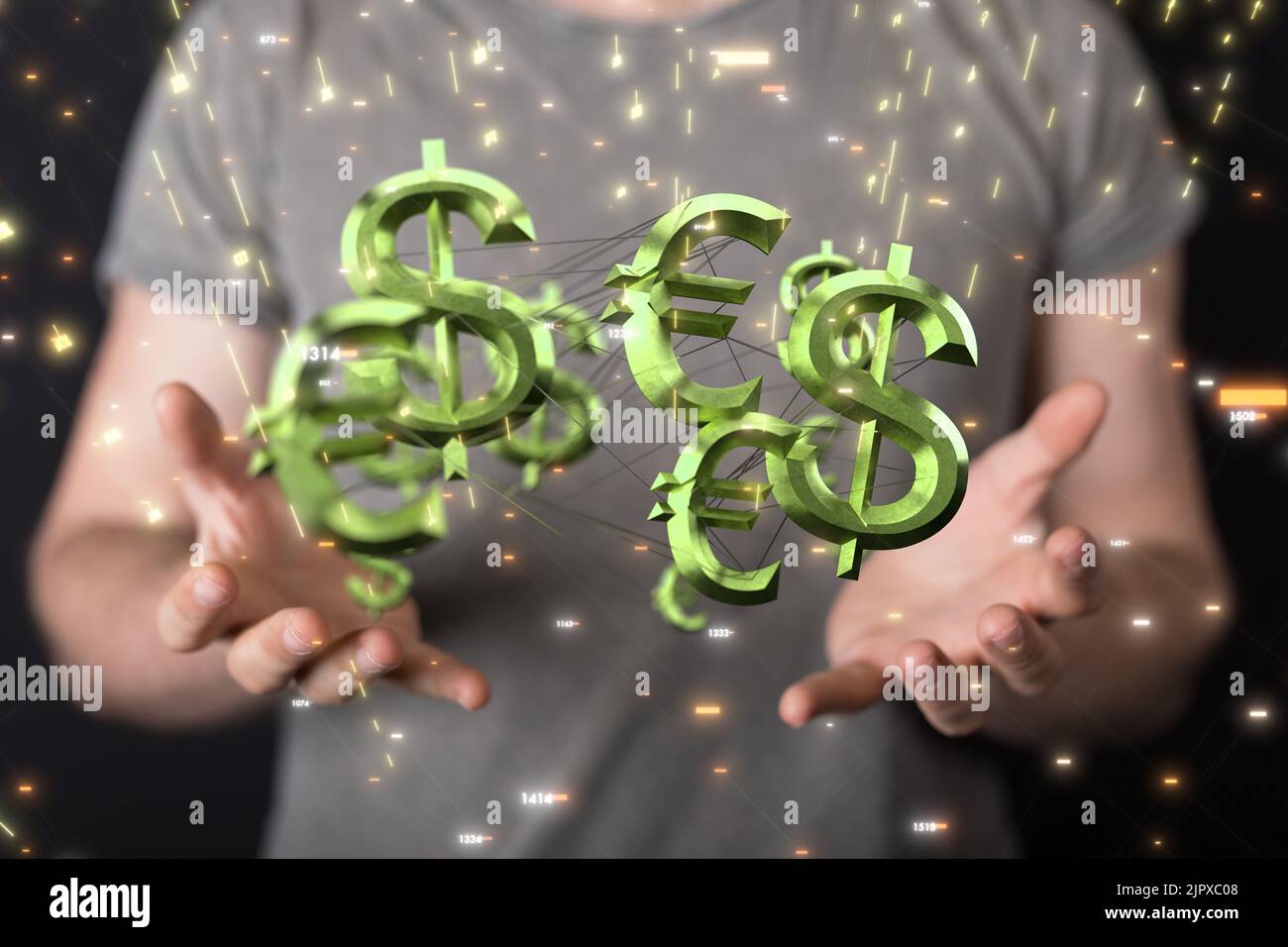 Un render di 3D di mani di un uomo che interagiscono con segni di euro e dollari Foto Stock