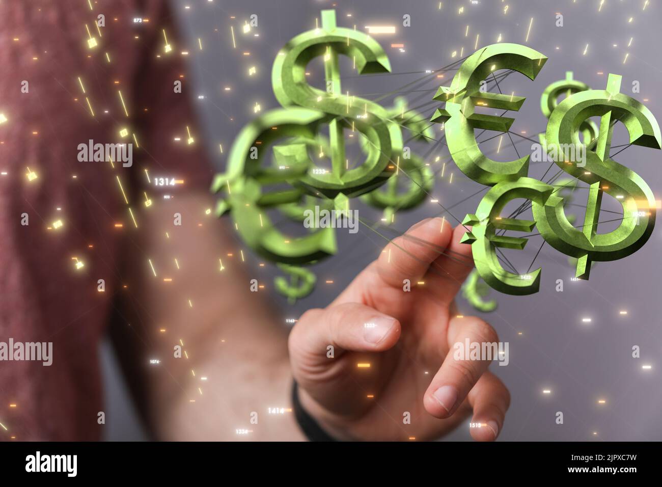 Un render di 3D di una mano di un uomo che interagisce con segni di euro e dollari Foto Stock