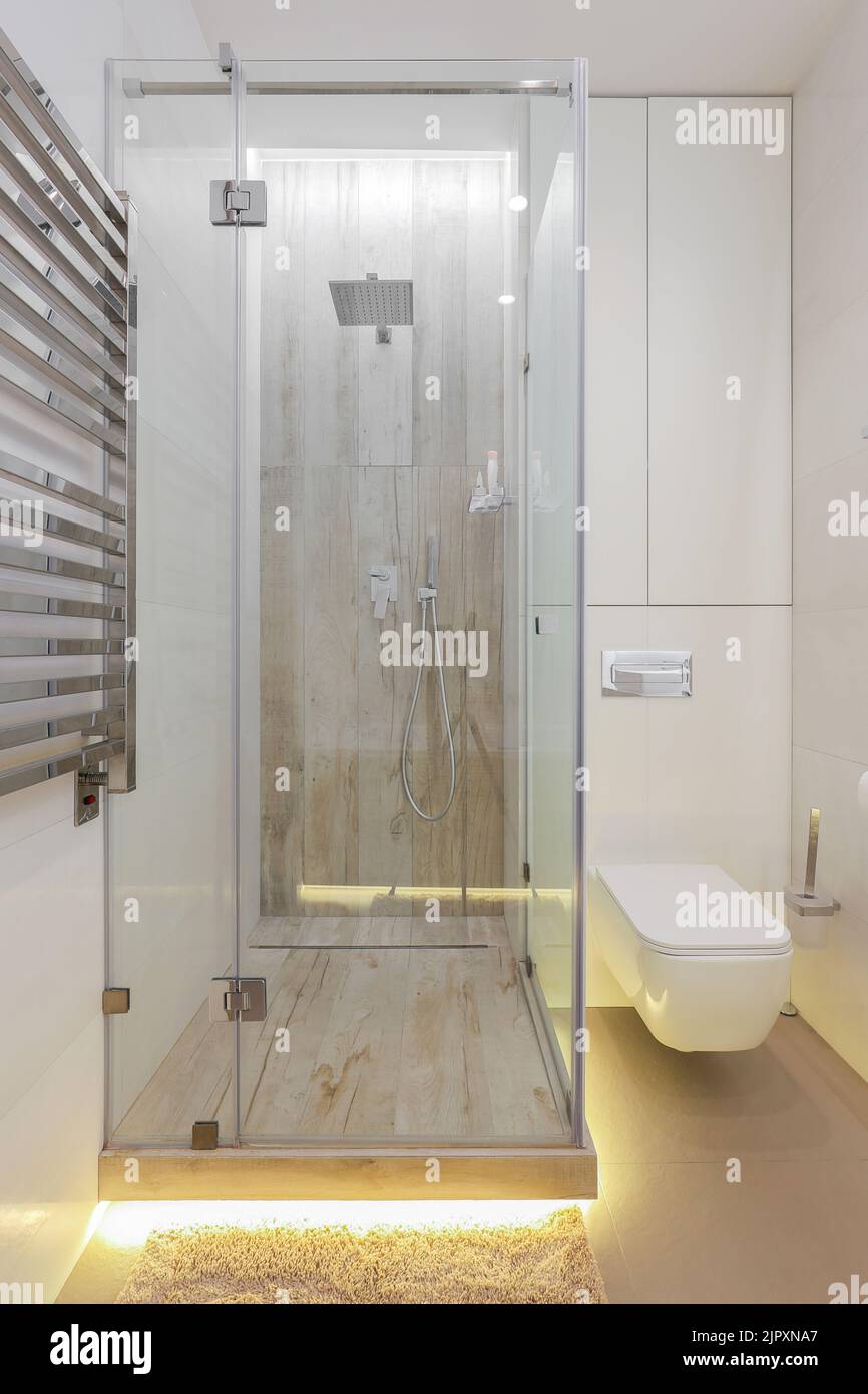 Bagno interno con cabina doccia e wc bianco Foto Stock
