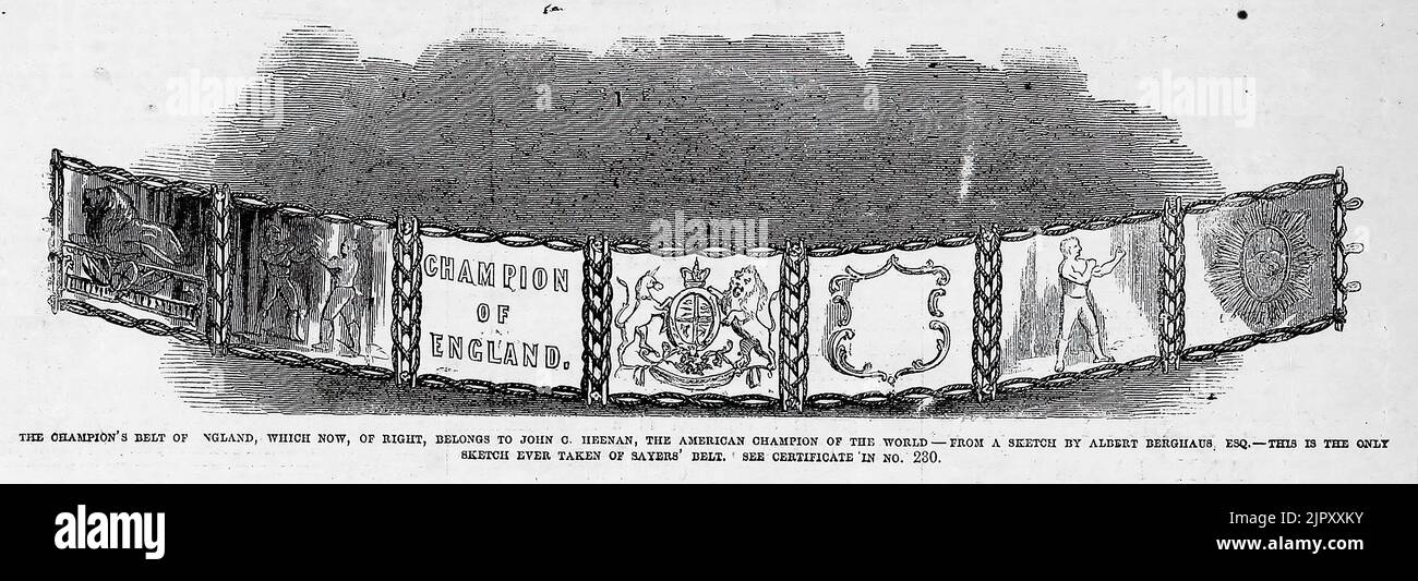 La cintura del campione d'Inghilterra, che ora, di destra, appartiene a John C. Heenan, il campione americano del mondo (1860). Illustrazione del 19th° secolo dal quotidiano illustrato di Frank Leslie Foto Stock