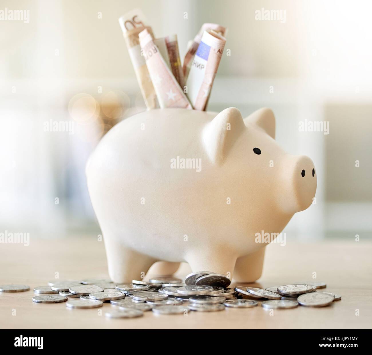 Finanza, denaro e risparmio in una banca piggy di denaro per la crescita, gli investimenti e la ricchezza pensionistica. Monete e moneta cartacea per banche, contabilità e. Foto Stock