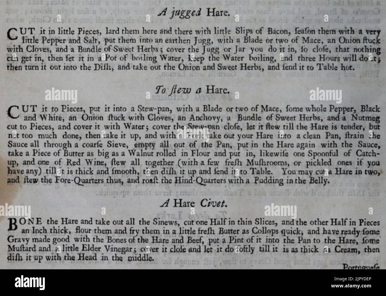 Tre modi con lepre. Hannah Glasse The Art of Cookery 1737 pag. 50 dettaglio Foto Stock