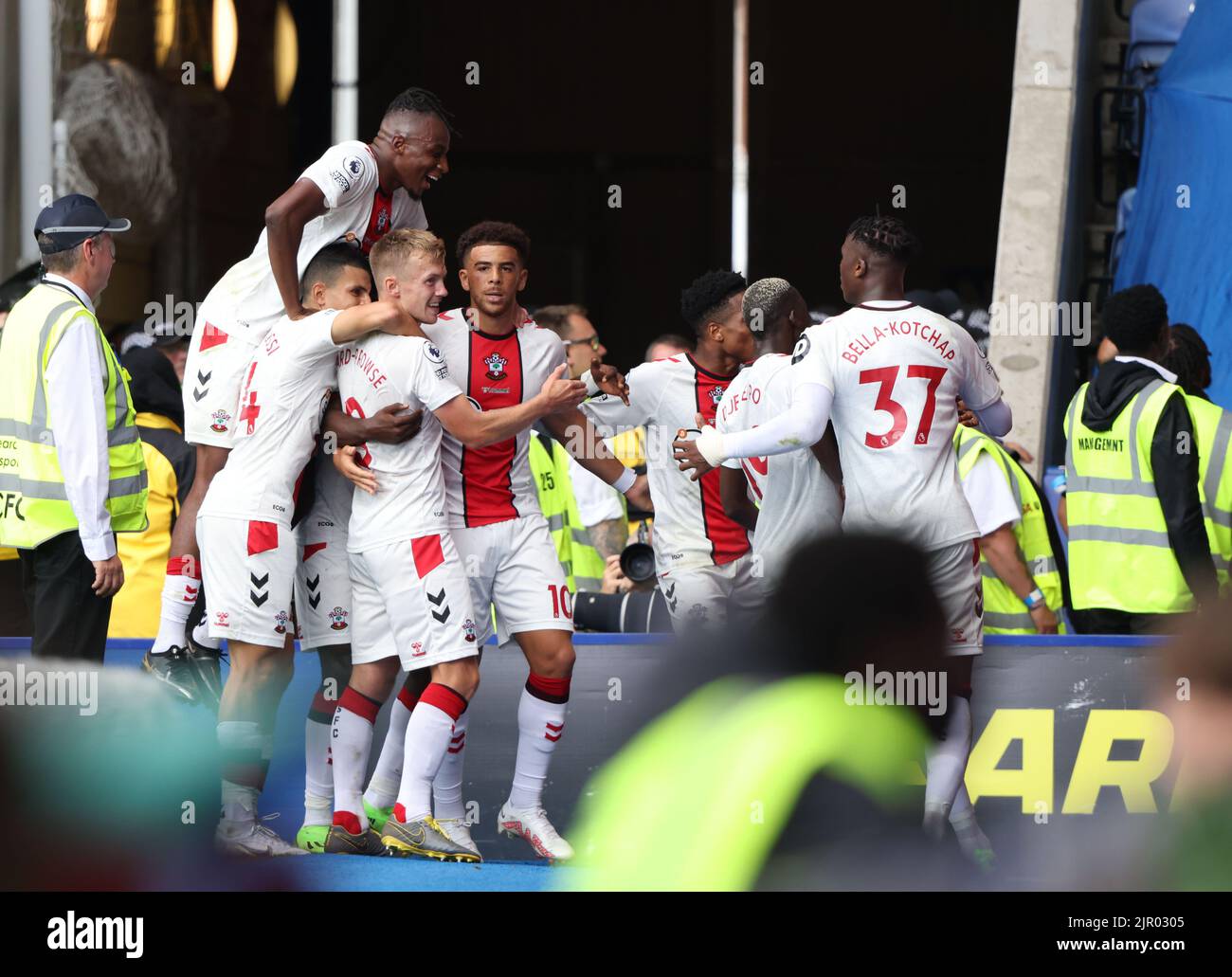 Leicester, Regno Unito. 20th ago, 2022. I giocatori di Southampton festeggiano alla partita Leicester City contro Southampton EPL Premier League, al King Power Stadium di Leicester, Regno Unito, il 20 agosto 2022 Credit: Paul Marriott/Alamy Live News Foto Stock