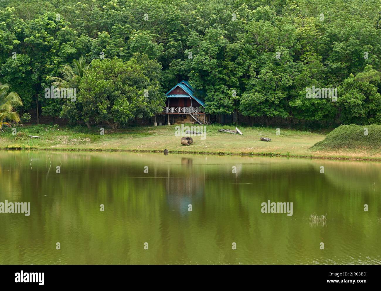 Un paesaggio da sogno, una piccola casa in lussureggianti boschi tropicali verdi, vicino ad un lago tranquillo. Foto Stock