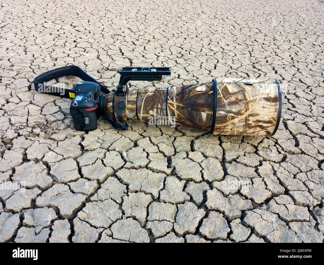 Fotocamera professionale con teleobiettivo su terra salina deserto di piccolo rann di kutch Foto Stock