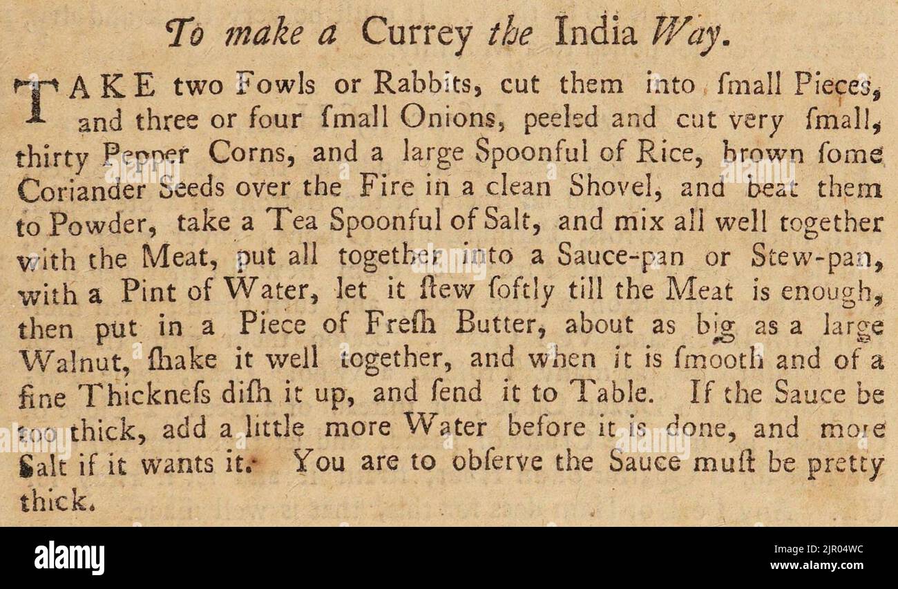 Per fare un Currey l'India modo - Hannah Glasse 1748 Foto Stock