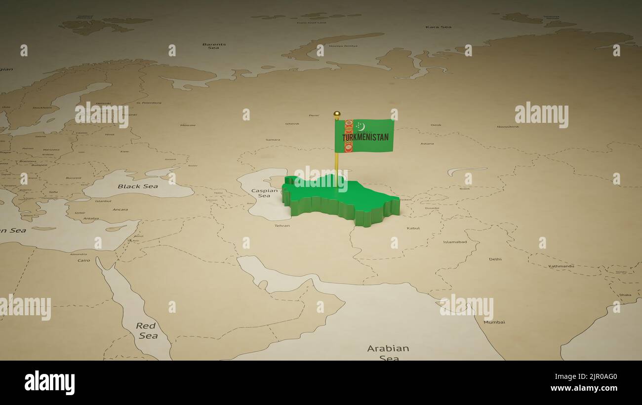3D Mappa del Turkmenistan con modello di banner per la libertà. Annunci banner Web per la promozione sui social media Foto Stock