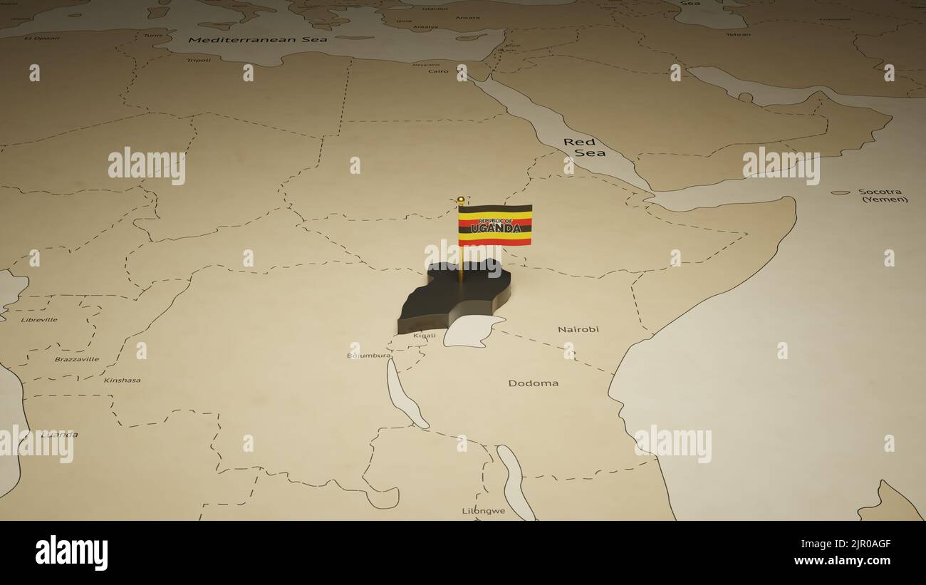 Progettazione di modelli di post sui social media per la giornata dell'indipendenza dell'Uganda. Mappa di rendering 3D e flag. Pubblicità sui social media per la promozione. Foto Stock