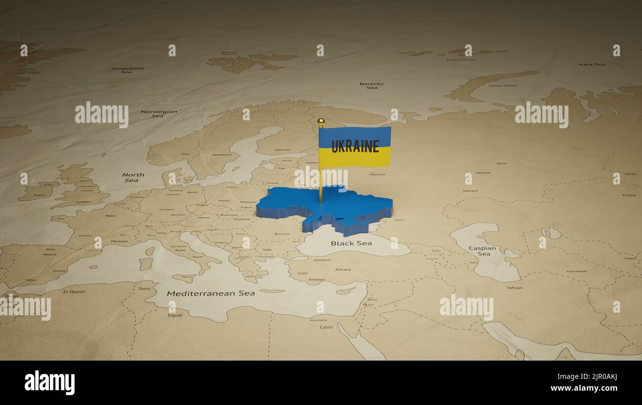 Progettazione di modelli di post sui social media per il giorno dell'indipendenza dell'Ucraina. Mappa di rendering 3D e flag. Pubblicità sui social media per la promozione. Foto Stock