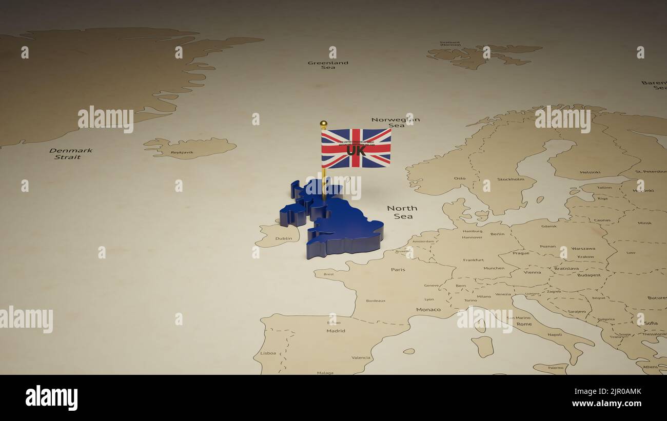 Progettazione di modelli di post sui social media per il giorno dell'indipendenza del Regno Unito. Mappa di rendering 3D e flag. Pubblicità sui social media per la promozione. Foto Stock