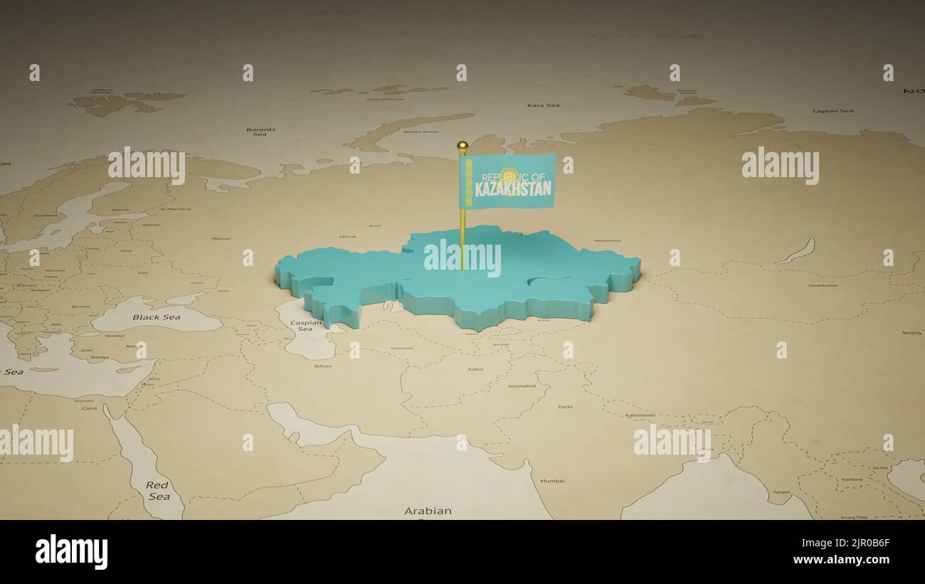 3D mappa del Kazakhstan con il concetto di celebrazione del giorno dell'Indipendenza sullo sfondo del mondo. Foto Stock