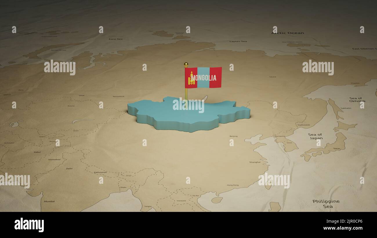 Mappa 3D colorata della Mongolia e modello di post giorno libertà. Promozione giorno di indipendenza post design offerta. Foto Stock