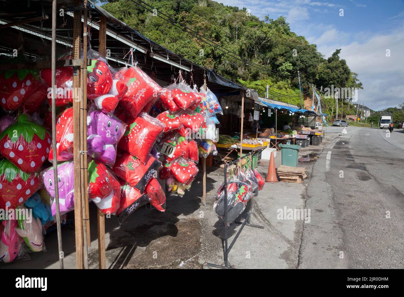 Commercianti di mercato, giocattoli morbidi di fragola, Cameron Highlands, Malesia Foto Stock