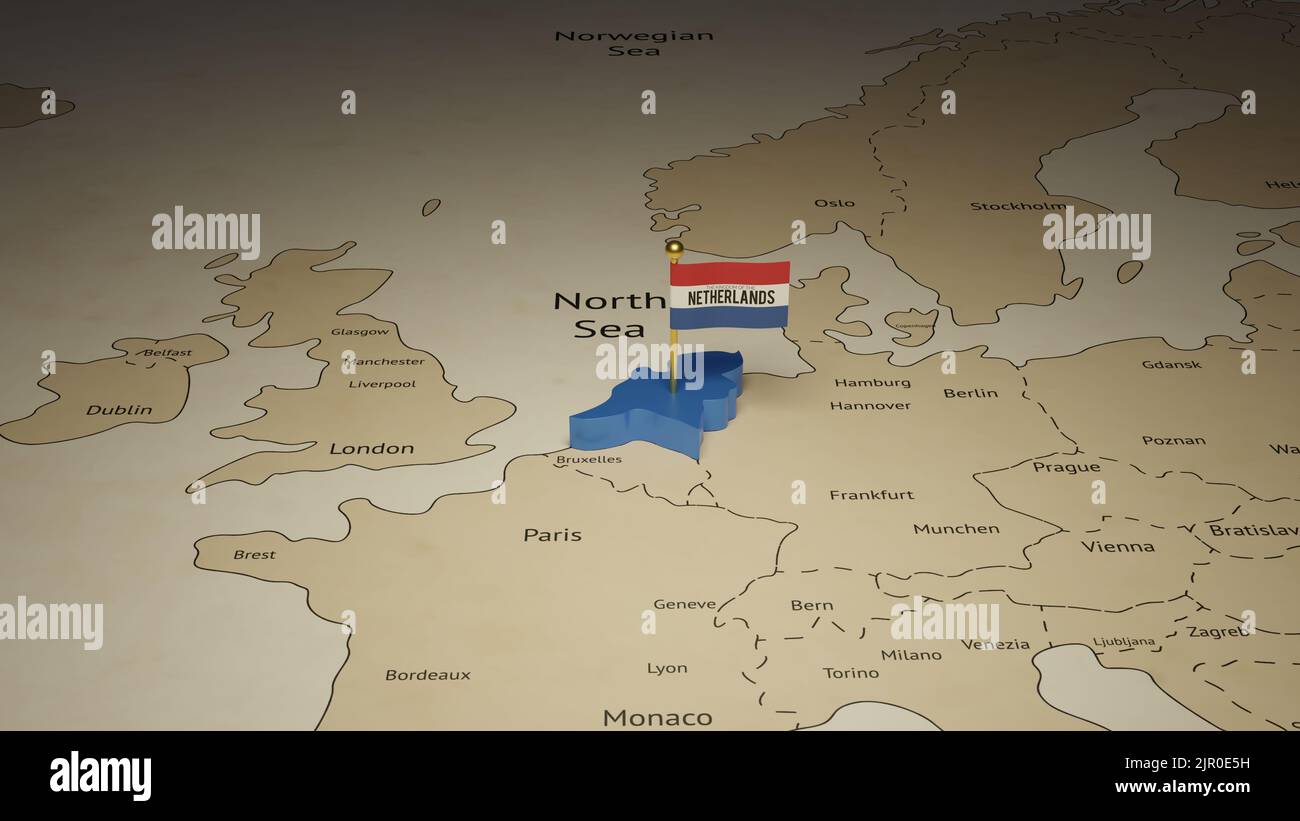 3D che rende giorno di indipendenza della bandiera nazionale olandese battenti sulla mappa del paese sul mondo Foto Stock