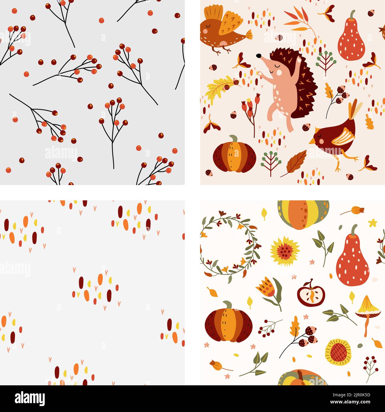 Autunno senza cuciture modello con cute wodland animali ed elementi autunno, cute hedgehog, divertente uccello, alberi colorati, foglie d'autunno, funghi. Motivo minimalista senza cuciture. Illustrazione vettoriale. Illustrazione Vettoriale