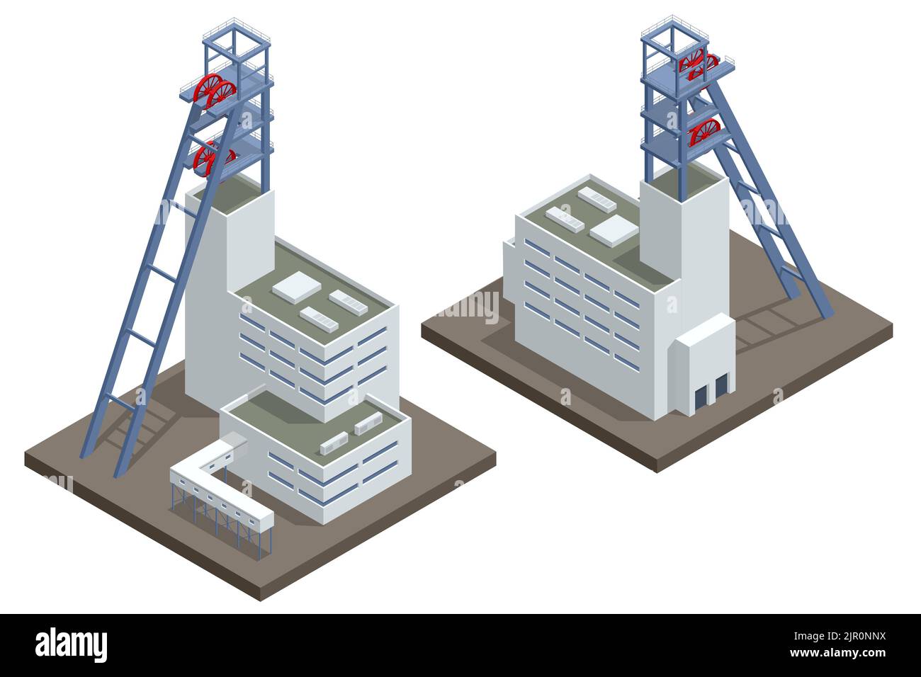 Fabbriche isometriche o impianti industriali, industria pesante. Estrazione del carbone. Concetto industriale. Edifici minerari. Illustrazione Vettoriale