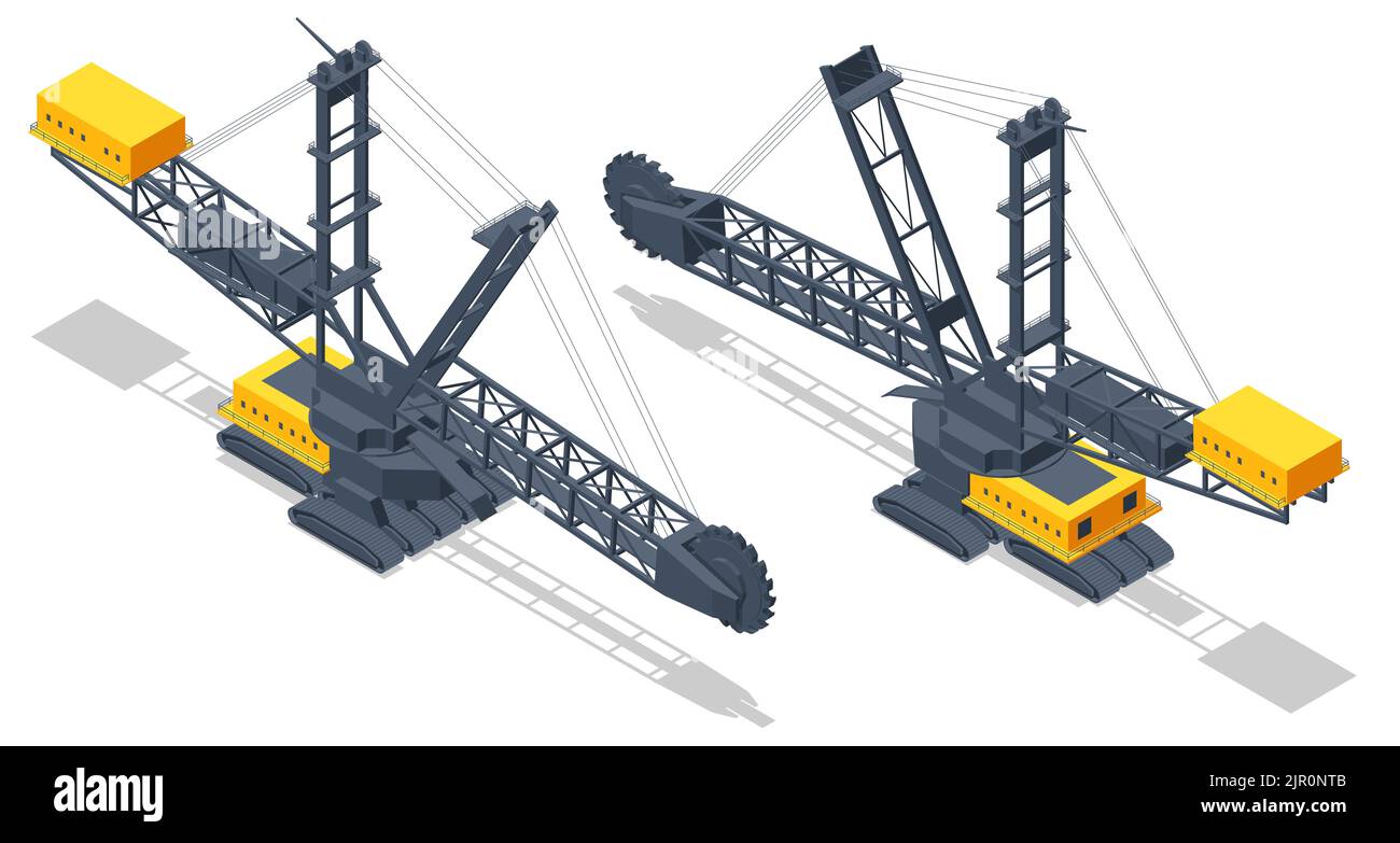Escavatore gommati-benna isometrico. BWE, una macchina continua per lo scavo in attività minerarie a cielo aperto su larga scala, che rimuove migliaia di tonnellate di sovraccarico Illustrazione Vettoriale