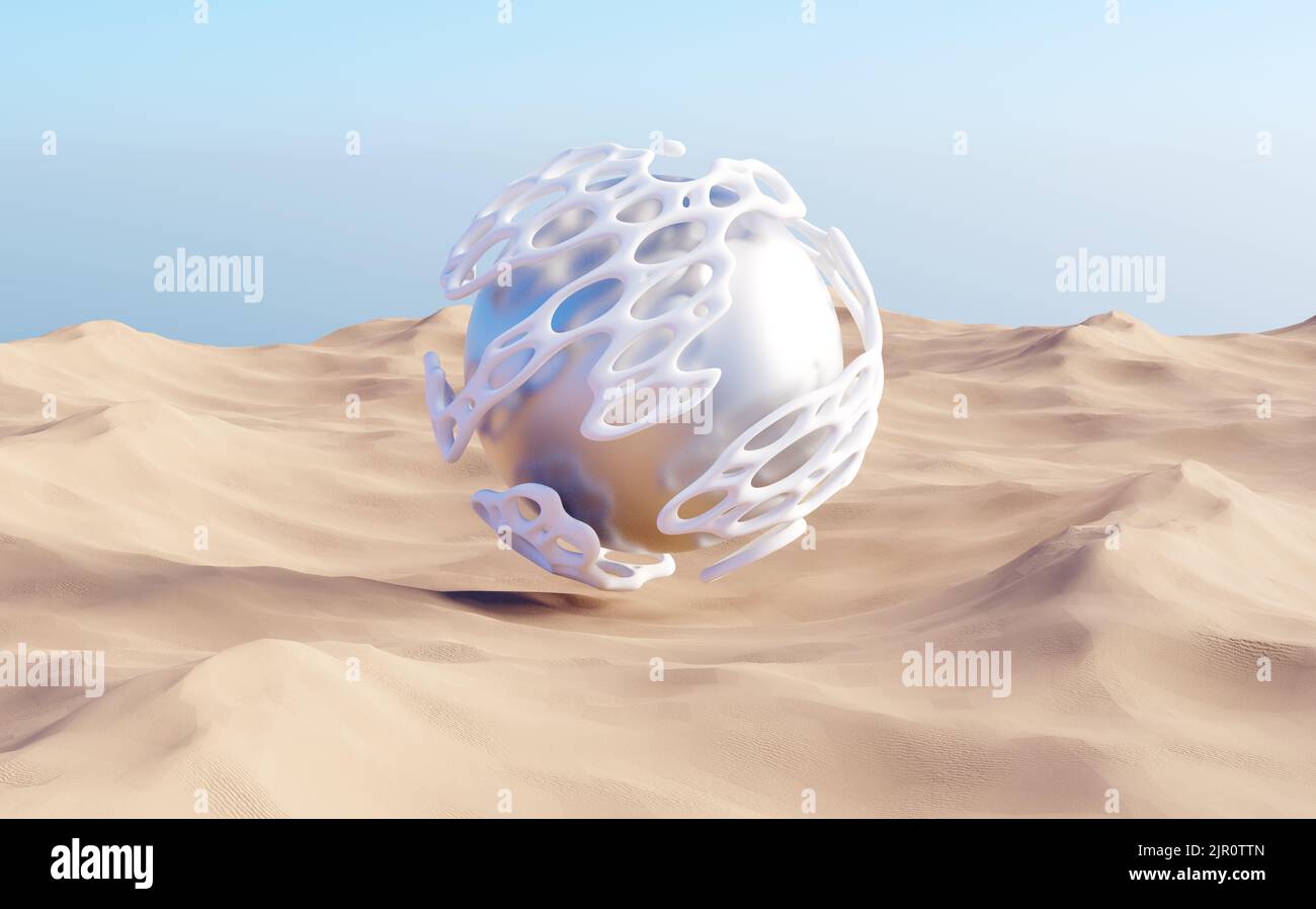Paesaggio desertico surreale con sfera d'argento dalle forme organiche Foto Stock