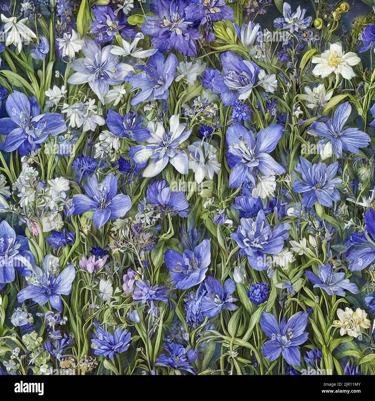 Illustrazione di un bellissimo sfondo di fiori selvatici blu Foto Stock