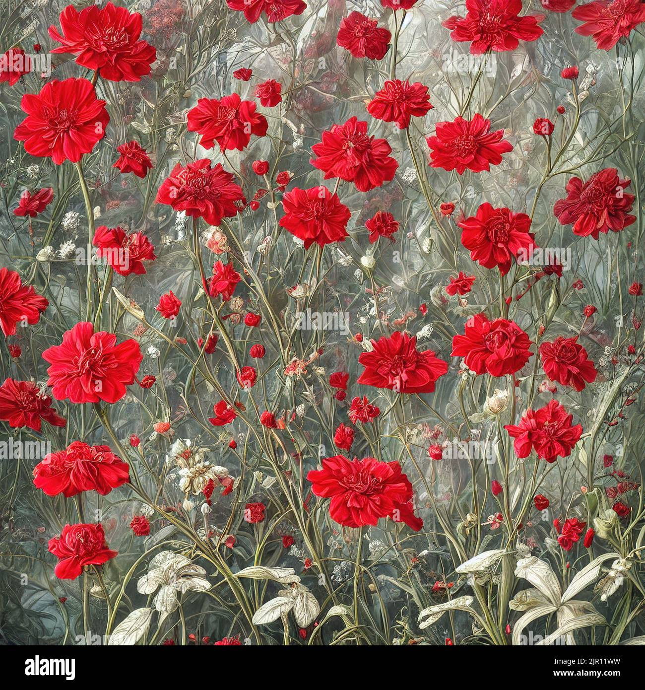 Illustrazione di un bellissimo sfondo rosso di fiori selvatici Foto Stock