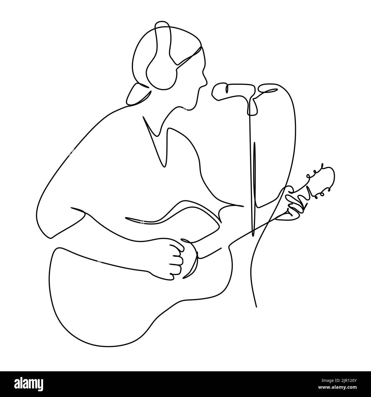 Disegno continuo di una singola linea di un cantante maschile cantando una canzone e suonando musica. Illustrazione vettoriale del concetto di performance dell'artista musicista Illustrazione Vettoriale