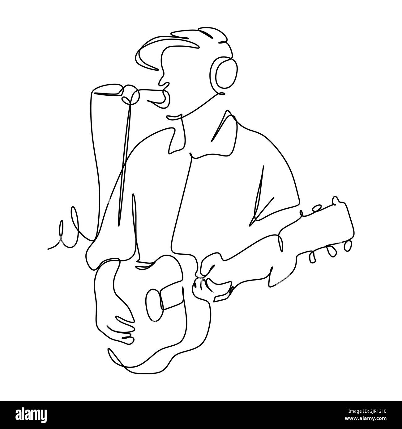 Disegno continuo di una singola linea di un cantante maschile cantando una canzone e suonando musica. Illustrazione vettoriale del concetto di performance dell'artista musicista Illustrazione Vettoriale