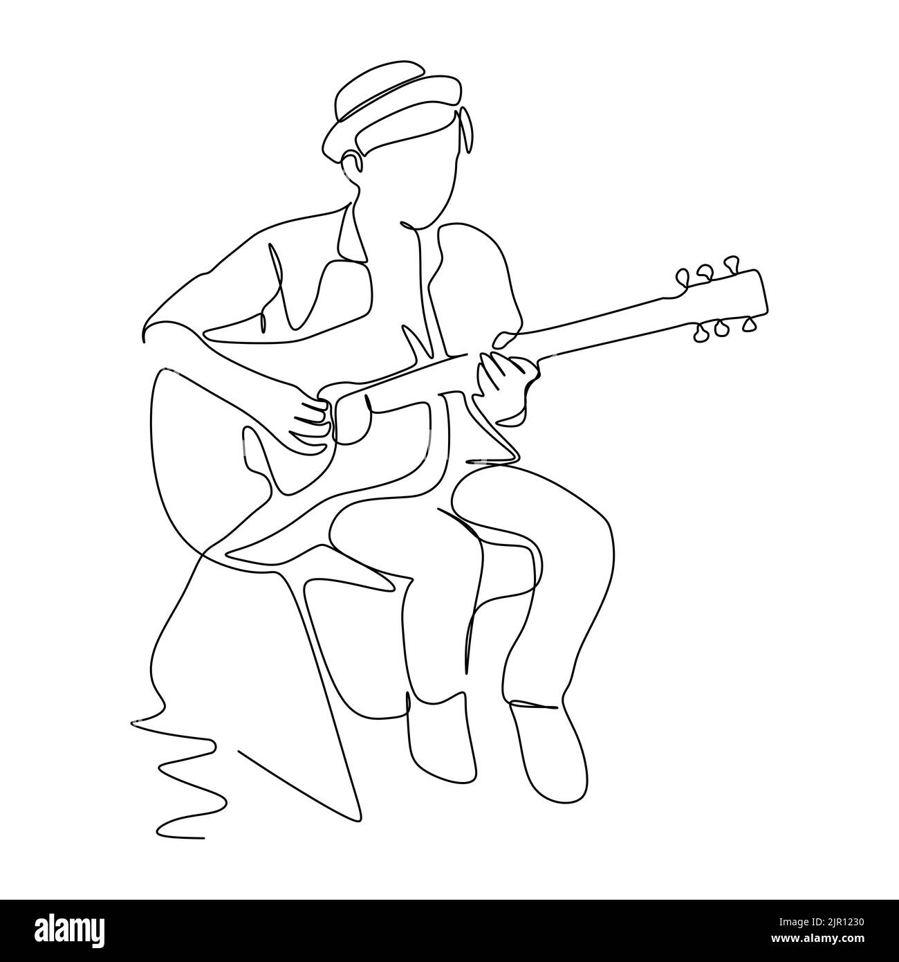 Un musicista maschile suona la chitarra acustica. Disegno continuo di linea semplice. Illustrazione vettoriale per il concetto musicale e di intrattenimento Illustrazione Vettoriale