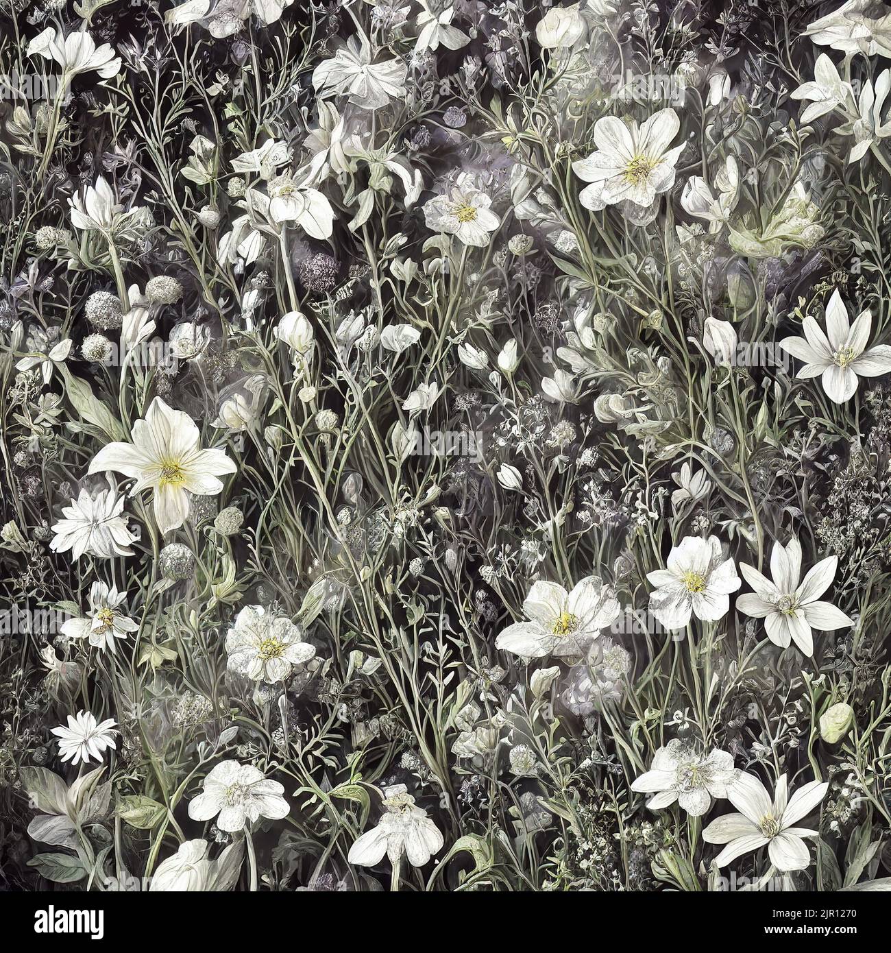 Illustrazione di un bellissimo sfondo di fiori bianchi selvatici Foto Stock