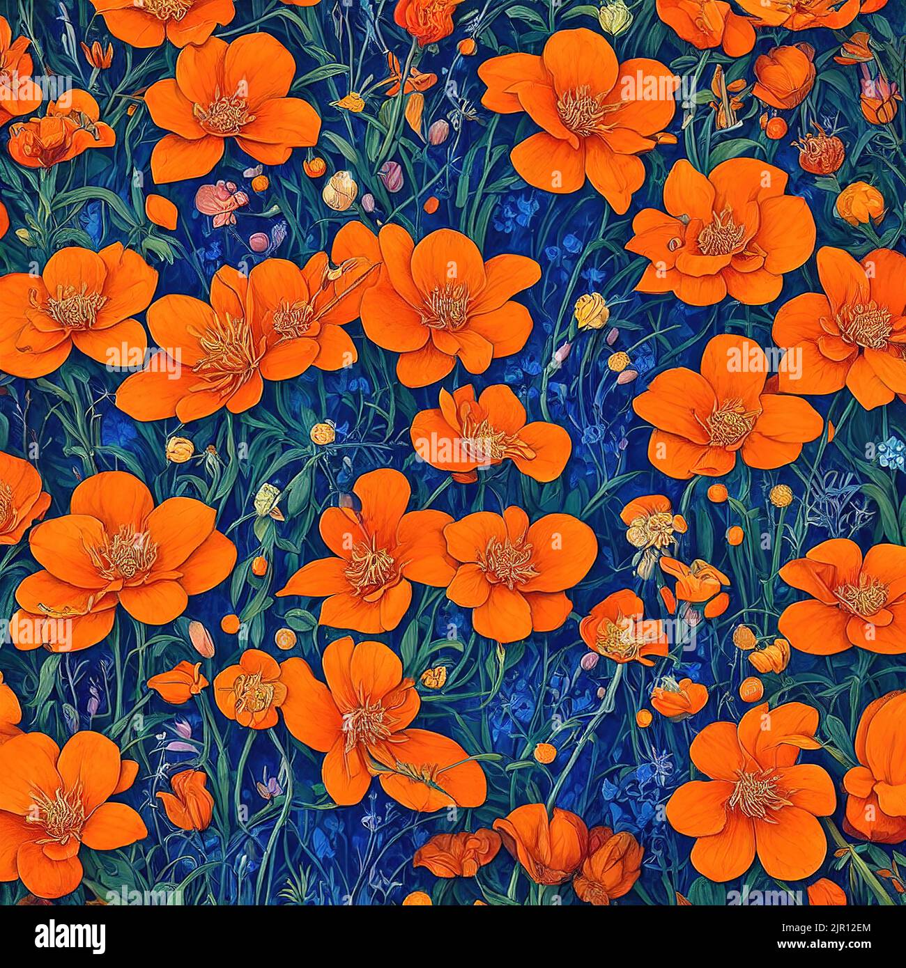 Illustrazione di un bellissimo sfondo di fiori selvatici blu Foto Stock