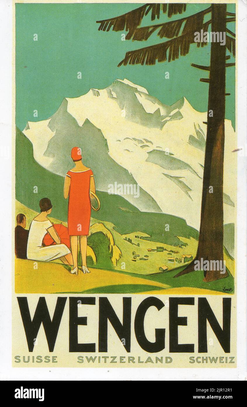 Poster di viaggio vintage del 1920 di otto Ernst, raffigurante una valle e una montagna dominata da tre persone vestiti alla moda, a Wengen, in Svizzera Foto Stock