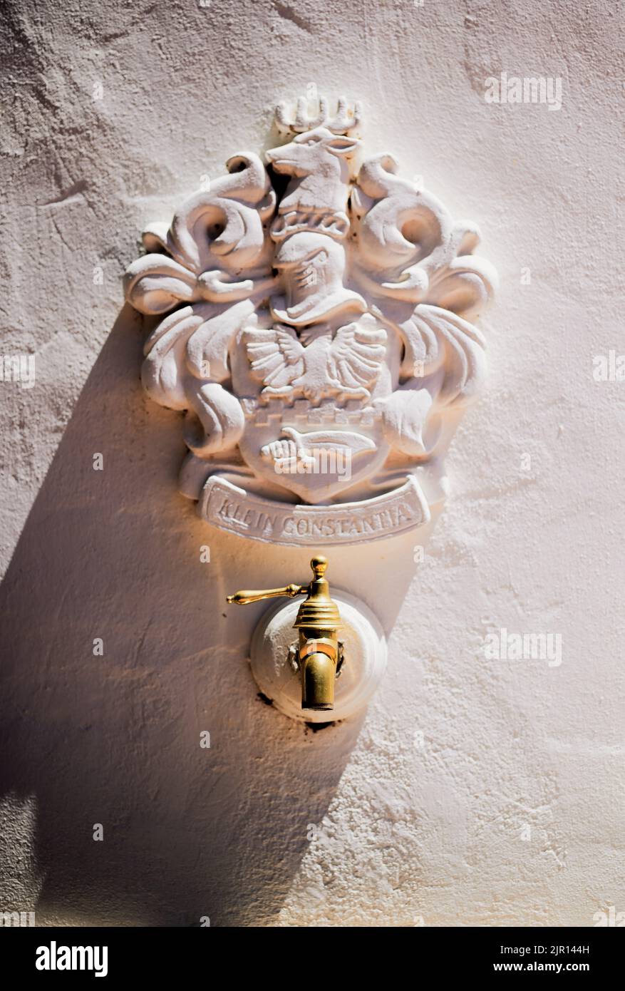 Azienda vinicola Klein Constantia bene e simbolo sul muro a Constantia, Città del Capo, Sud Africa Foto Stock