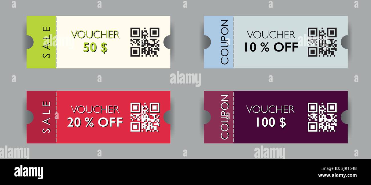 Gruppo di biglietti colorati in carta, coupon e buoni con offerta in vendita. Marketing e pubblicità modelli e mockup Illustrazione Vettoriale