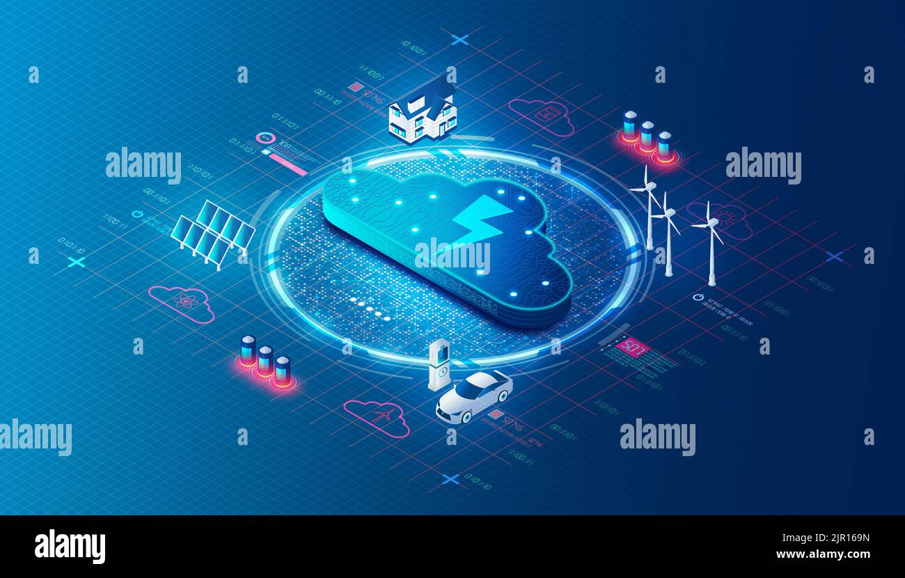 Virtual Power Plant Concept - VPP - Distributed Power Plant basato su cloud che raccoglie le capacità di risorse energetiche distinte - Distributed Genera Foto Stock