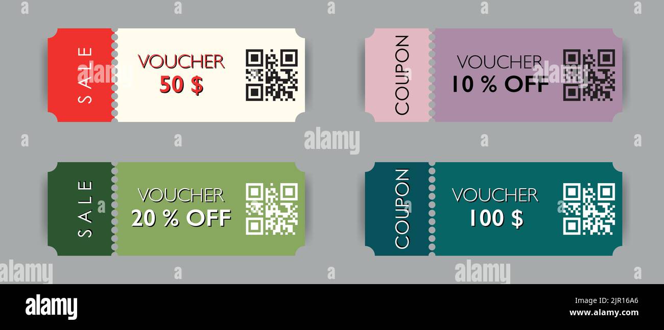 Set di buoni e buoni multicolore con offerta in vendita. Modelli e modelli di marketing Illustrazione Vettoriale