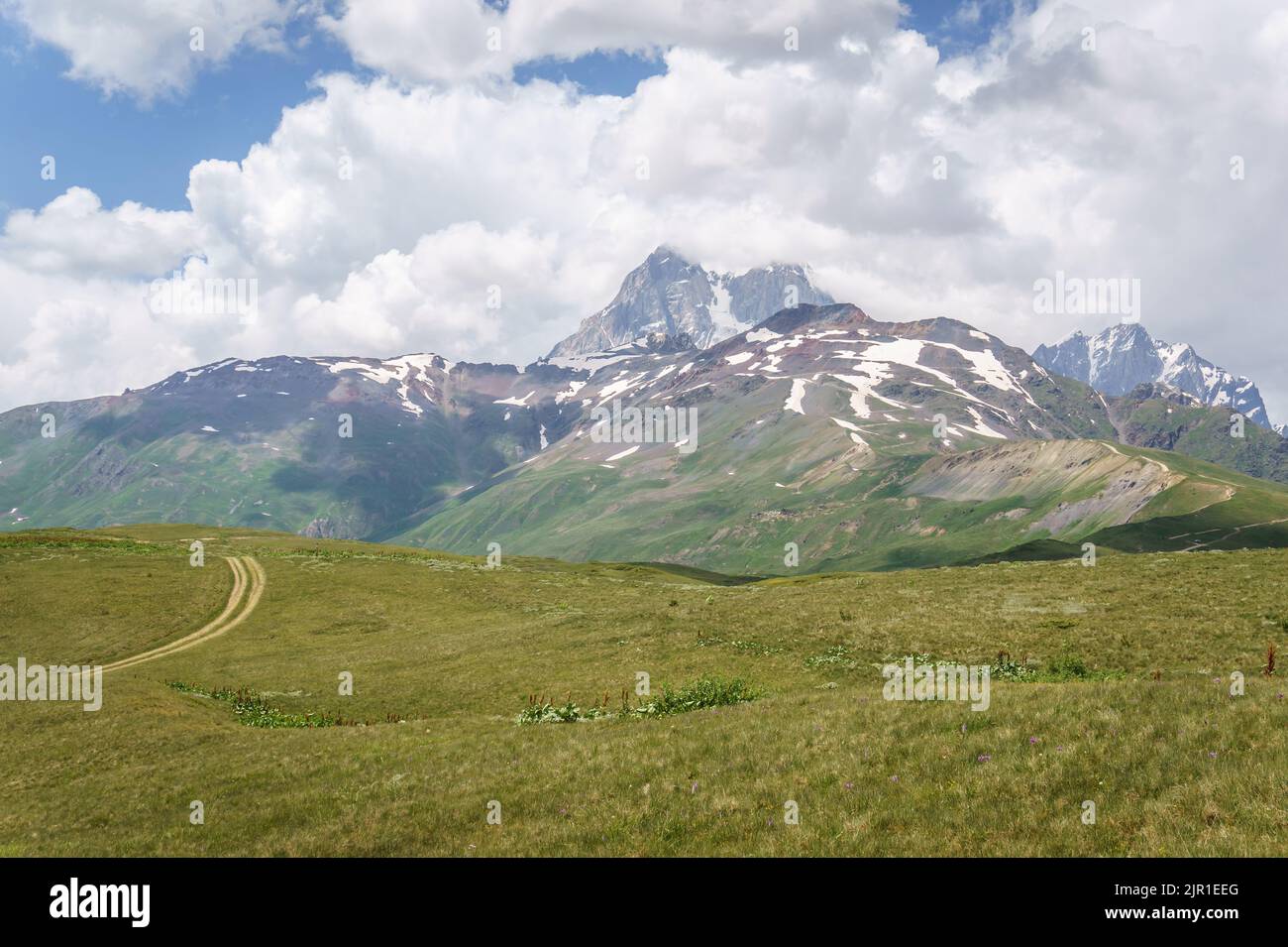 Ushba montagna. Regione di Svaneti superiore, Georgia. Splendido paesaggio svaneti vicino a Mestia in estate. Foto Stock