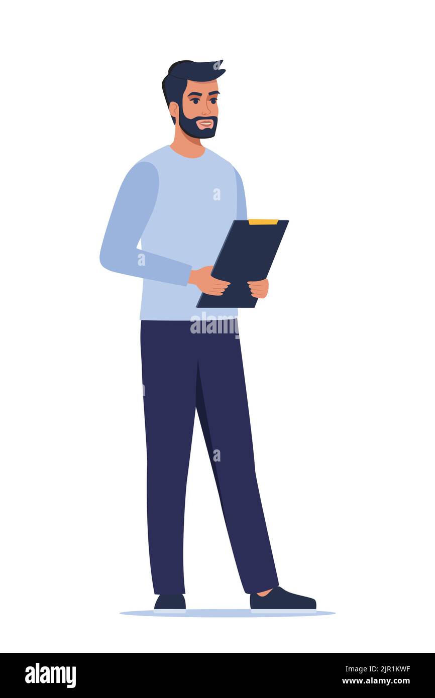 Giovane personaggio con appunti isolati su sfondo bianco. L'uomo presenta, mostra e presenta qualcosa. Altoparlante da lavoro in piedi con clip Illustrazione Vettoriale
