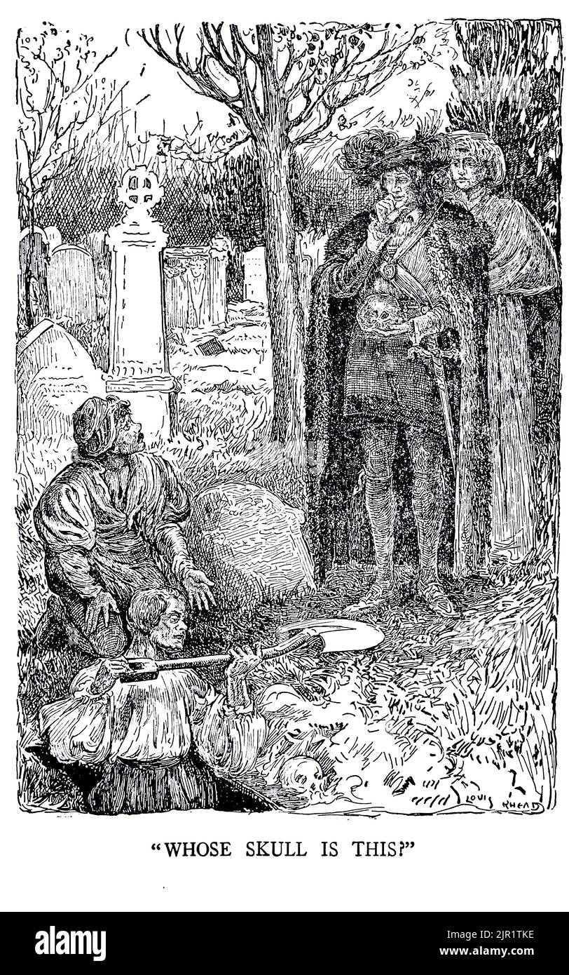 Di chi è questo cranio? - HAMLET, PRINCIPE DI DANIMARCA dal libro ' Tales from Shakespeare ' di William Shakespeare a cura di Charles e Mary Lamb illustrato da Louis Rhead, Editore New York, Londra, Harper & Bros nel 1918 Foto Stock