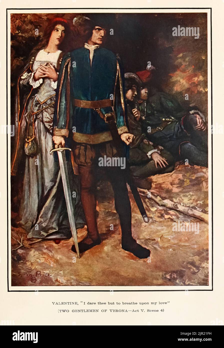 VALENTINE, 'i dare thee but to breaten on my love' (TWO GENTLEMEN OF VERONA Act V. scena 4) dal libro ' Tales from Shakespeare ' di William Shakespeare a cura di Charles e Mary Lamb illustrato da Norman M. Price Publisher New York : Scribner ; Londra : T.C. E C.. Jack in 1915 Foto Stock