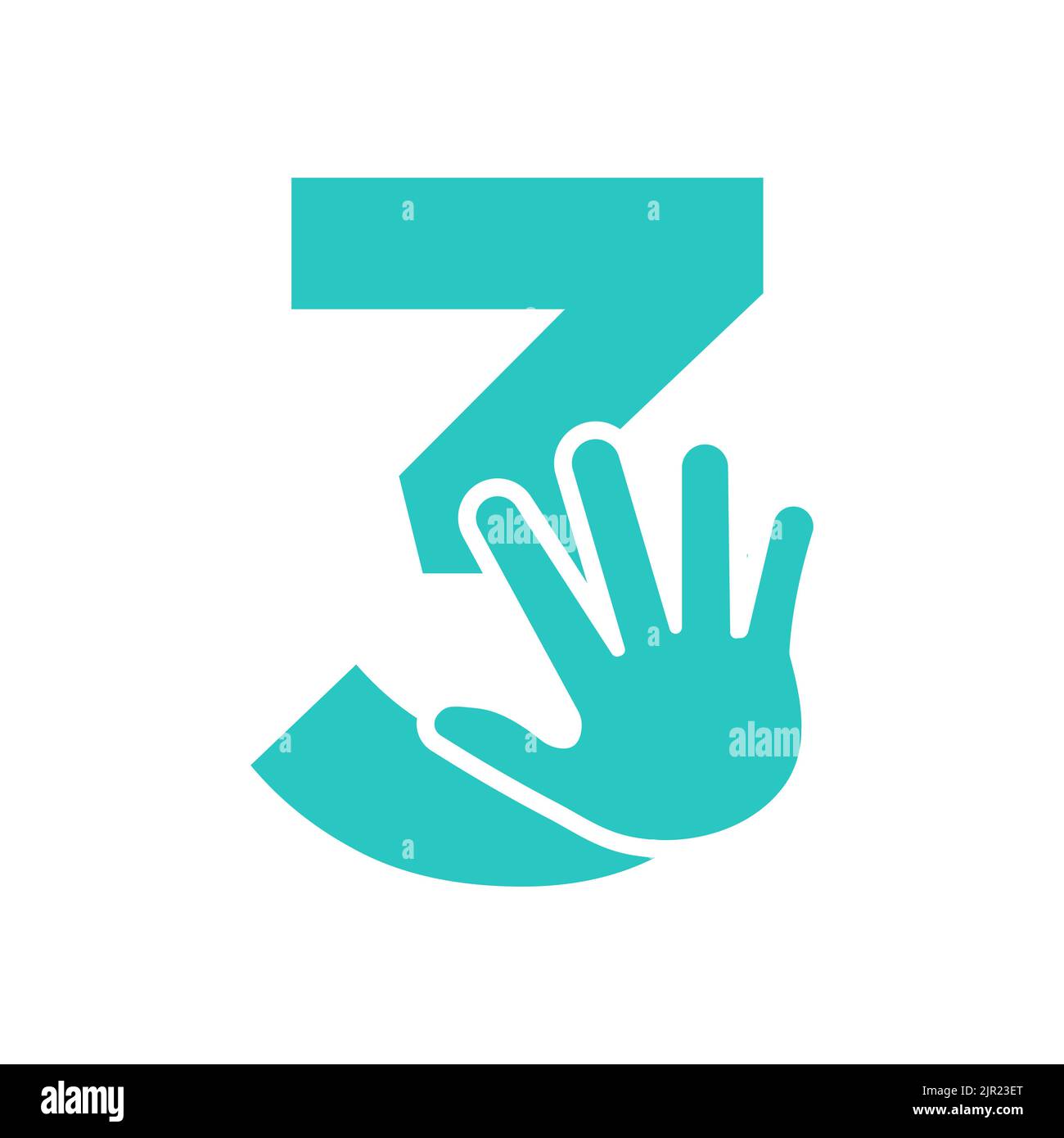 Lettera 3 concetto del logo della mano per la cura della mano, l'insegna di beneficenza e la donazione modello vettoriale del simbolo del logo Illustrazione Vettoriale