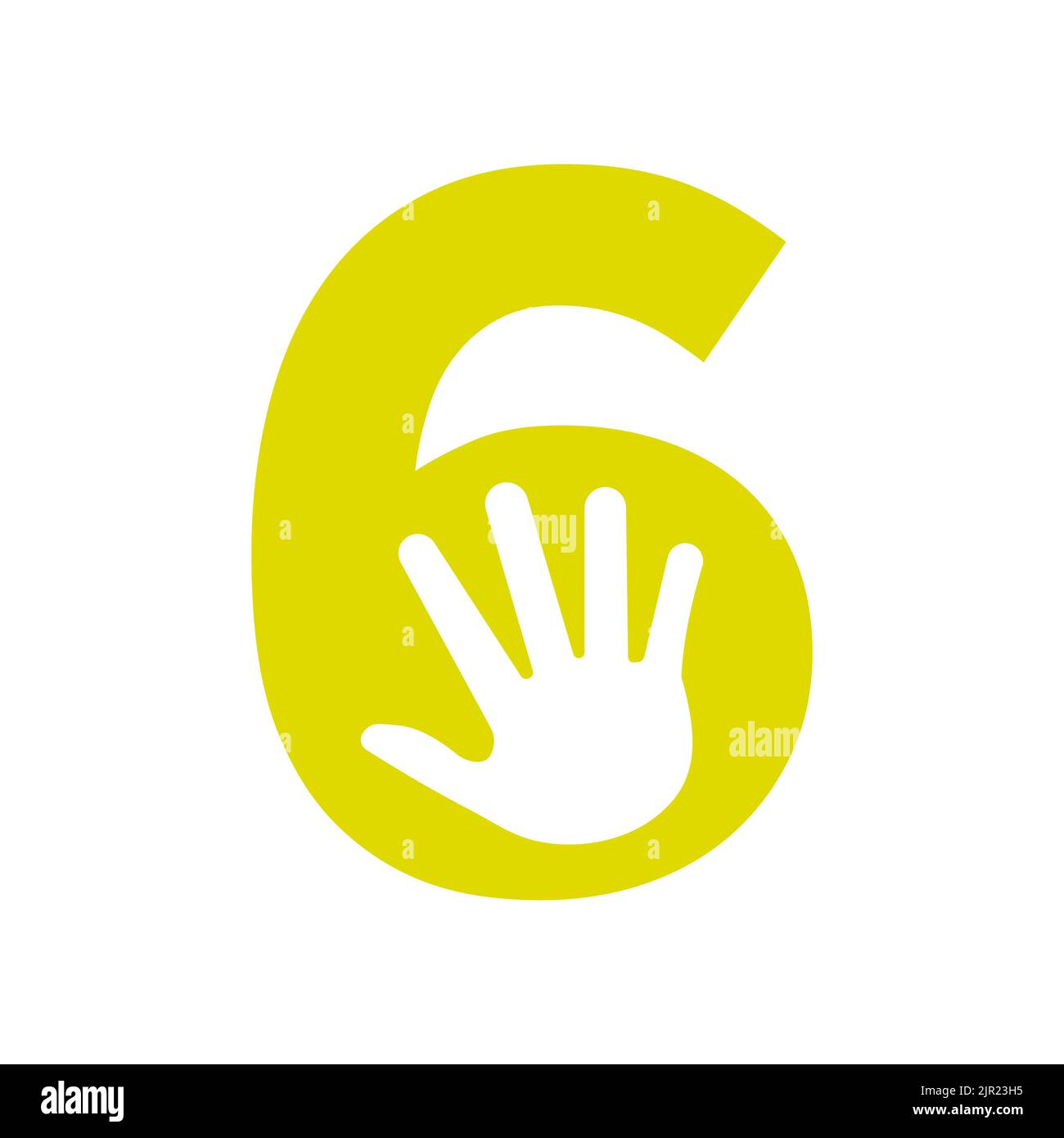 Lettera 6 concetto del logo della mano per la cura della mano, l'insegna di beneficenza e la donazione modello vettoriale del simbolo del logo Illustrazione Vettoriale