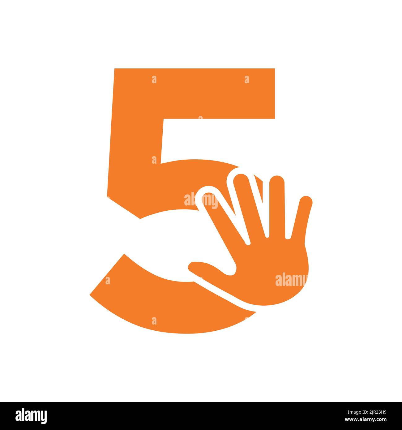Lettera 5 concetto del logo della mano per la cura della mano, l'insegna di beneficenza e la donazione modello vettoriale del simbolo del logo Illustrazione Vettoriale