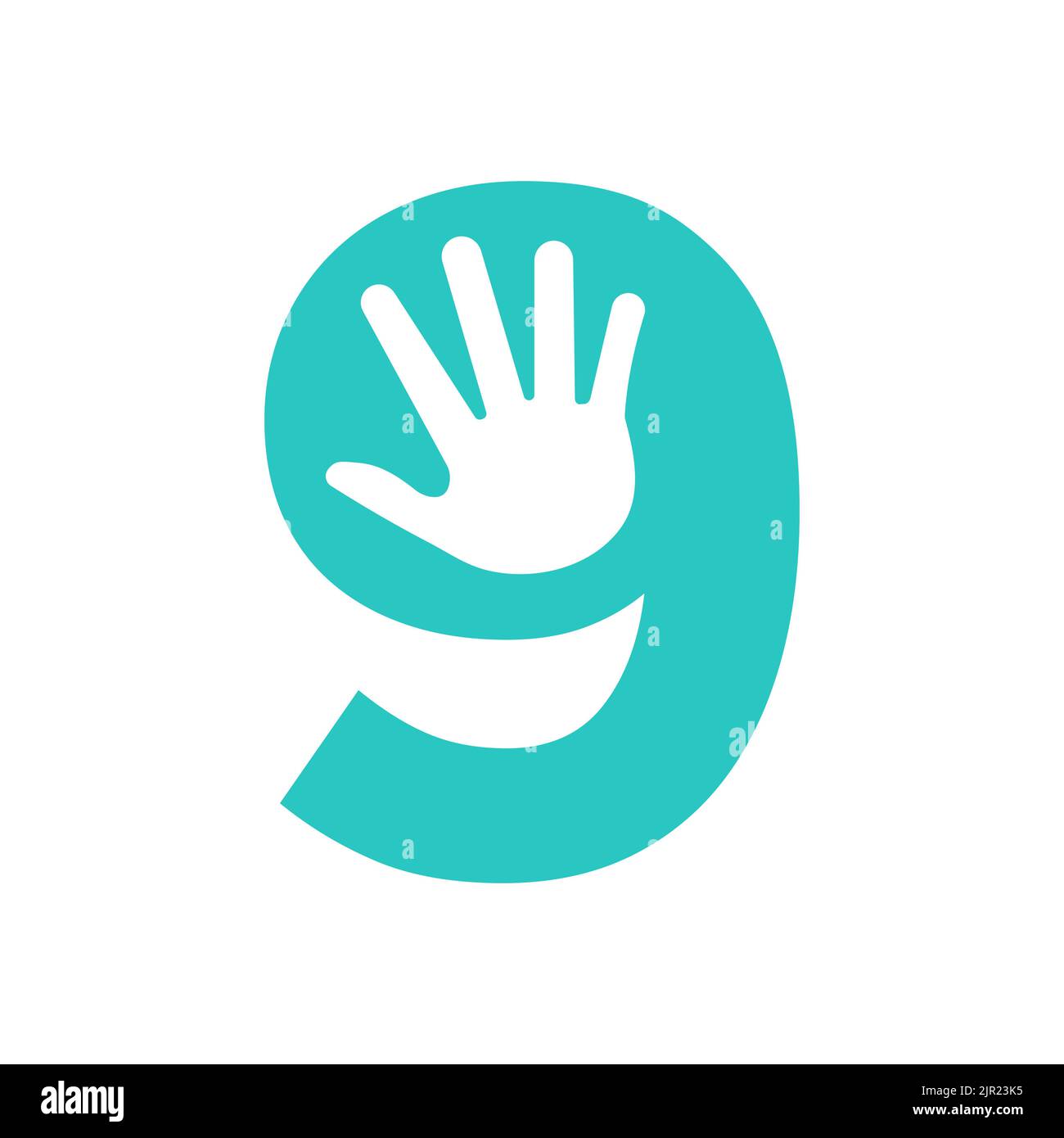 Lettera 9 concetto del logo della mano per la cura della mano, l'insegna di beneficenza e la donazione modello vettoriale del simbolo del logo Illustrazione Vettoriale