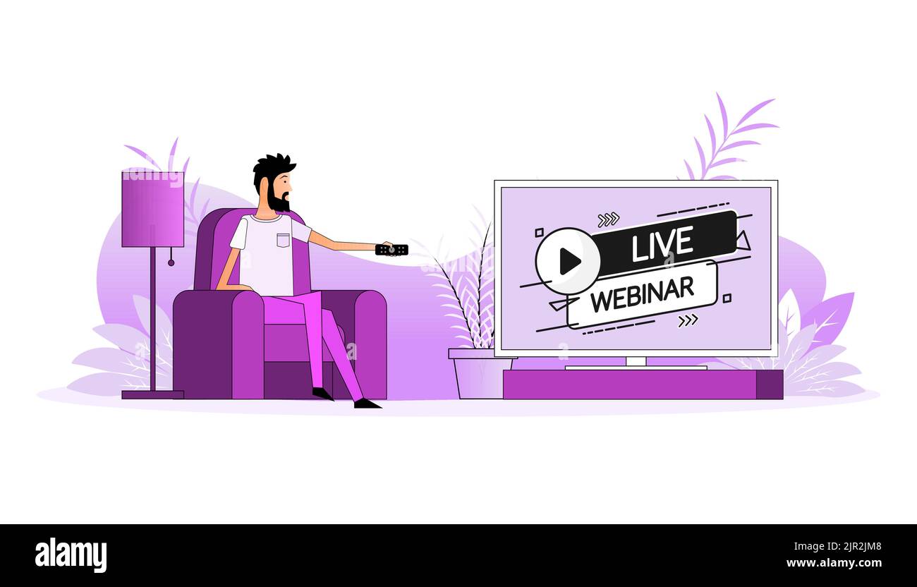 L'uomo si siede sul divano, cambia canale sul TV - Webinar dal vivo Illustrazione Vettoriale