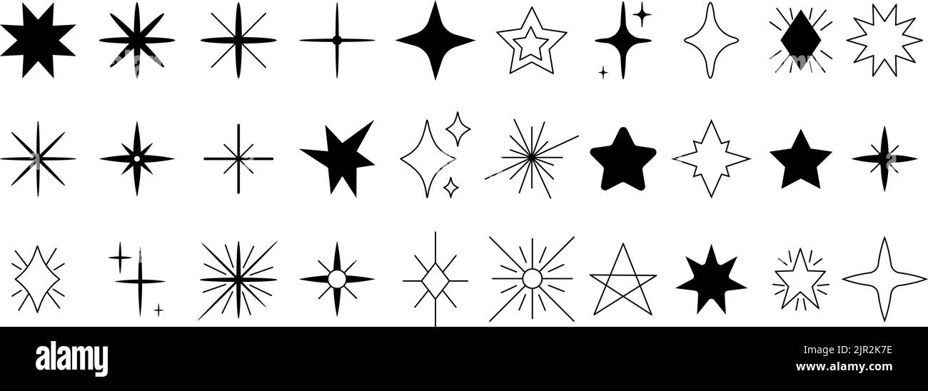 Le stelle nere isolate icone diverse sagome. Risplendi le forme moderne delle stelle, i simboli con le stelle del doodle. Set di elementi decorativi decenti del cielo scintillanti Illustrazione Vettoriale