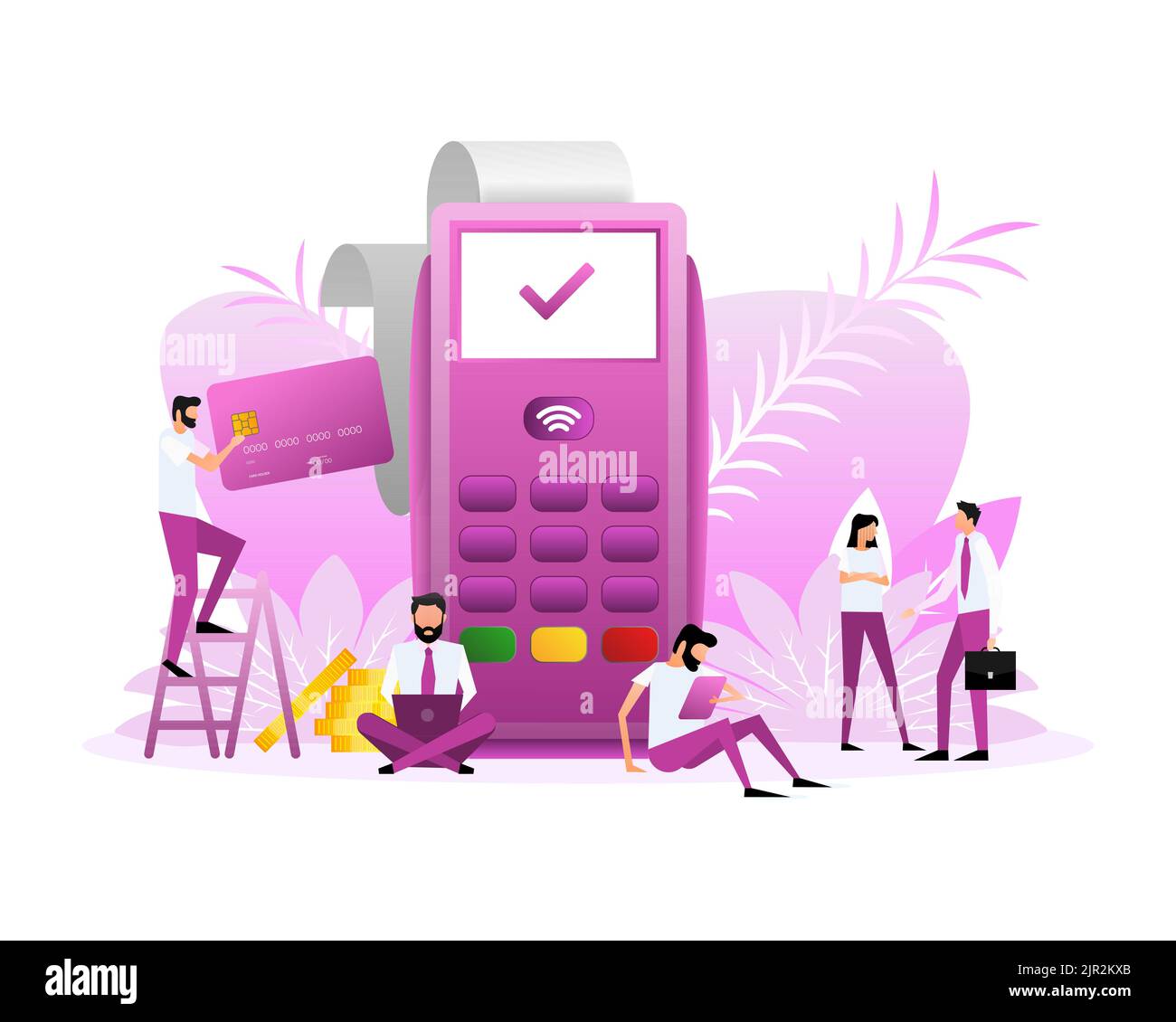 TERMINALE POS e smartphone su sfondo bianco. Persone di stile piatto. Illustrazione vettoriale Illustrazione Vettoriale