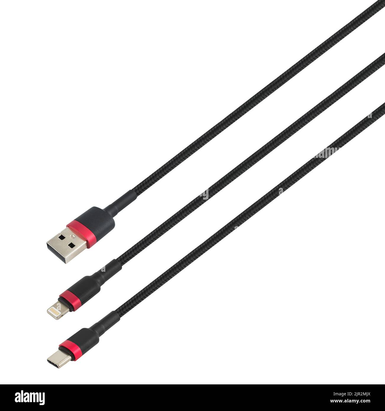 Cavo con connettore USB, tipo C e Lightning, su sfondo bianco Foto Stock